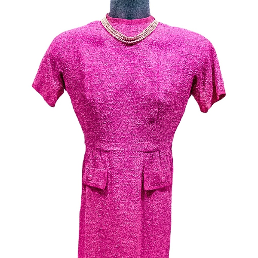 Vintage 1960s pink wool secretary dress, sample show tags still attached!